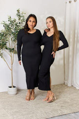Culture Code Full Size Ribbed Long Sleeve Midi Slit Dress - Trendsi