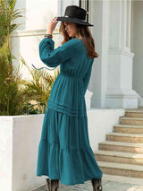 Tie Neck Long Sleeve Midi Tiered Dress - Trendsi - Flyclothing LLC