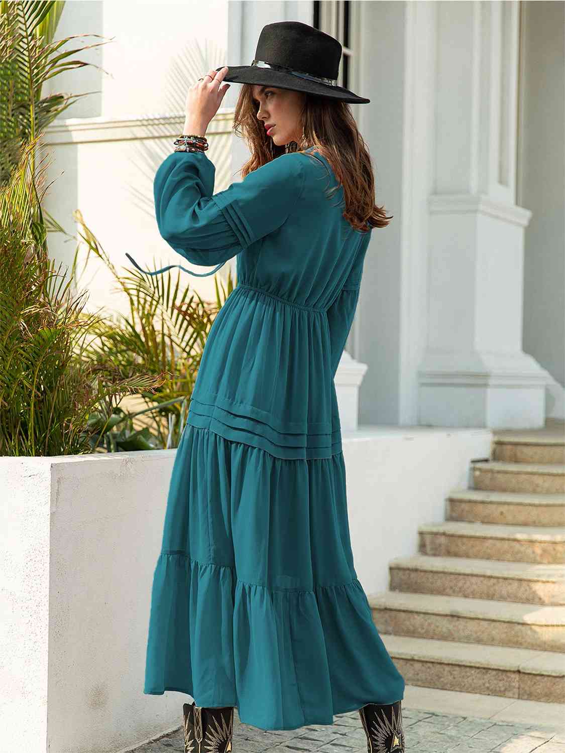 Tie Neck Long Sleeve Midi Tiered Dress - Trendsi - Flyclothing LLC