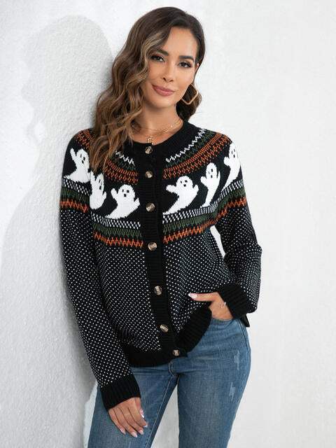 Ghost Button Up Long Sleeve Cardigan - Trendsi - Flyclothing LLC