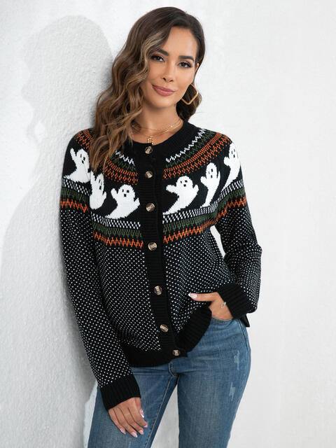 Ghost Button Up Long Sleeve Cardigan - Trendsi