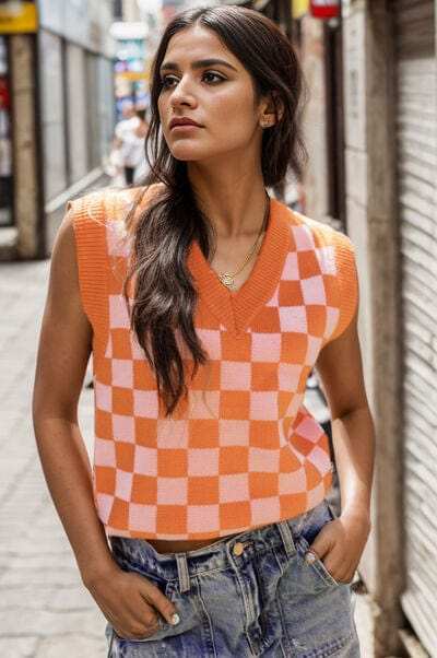 Checkered V-Neck Sweater Vest - Trendsi - Flyclothing LLC