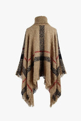 Plaid Turtleneck Raw Hem Poncho - Trendsi - Flyclothing LLC