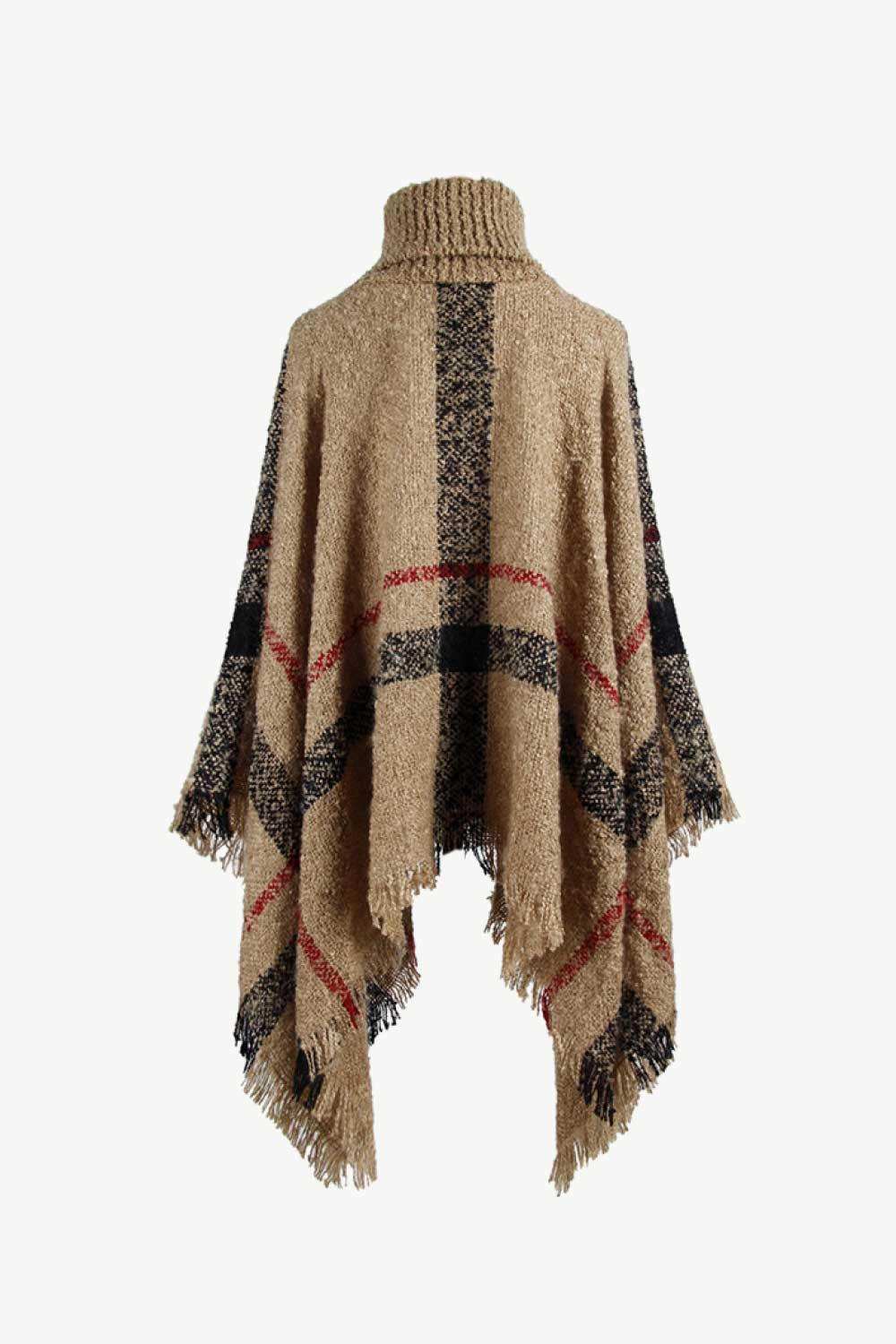 Plaid Turtleneck Raw Hem Poncho - Trendsi - Flyclothing LLC