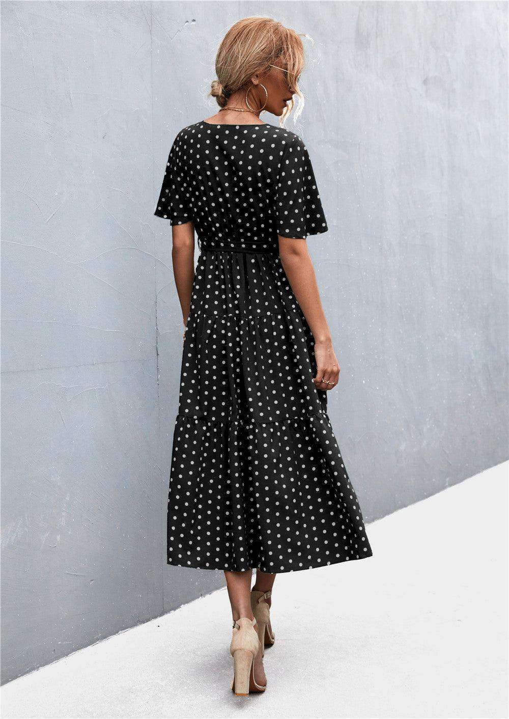 Printed V-Neck Flutter Sleeve Belted Dress - Trendsi - Flyclothing LLC