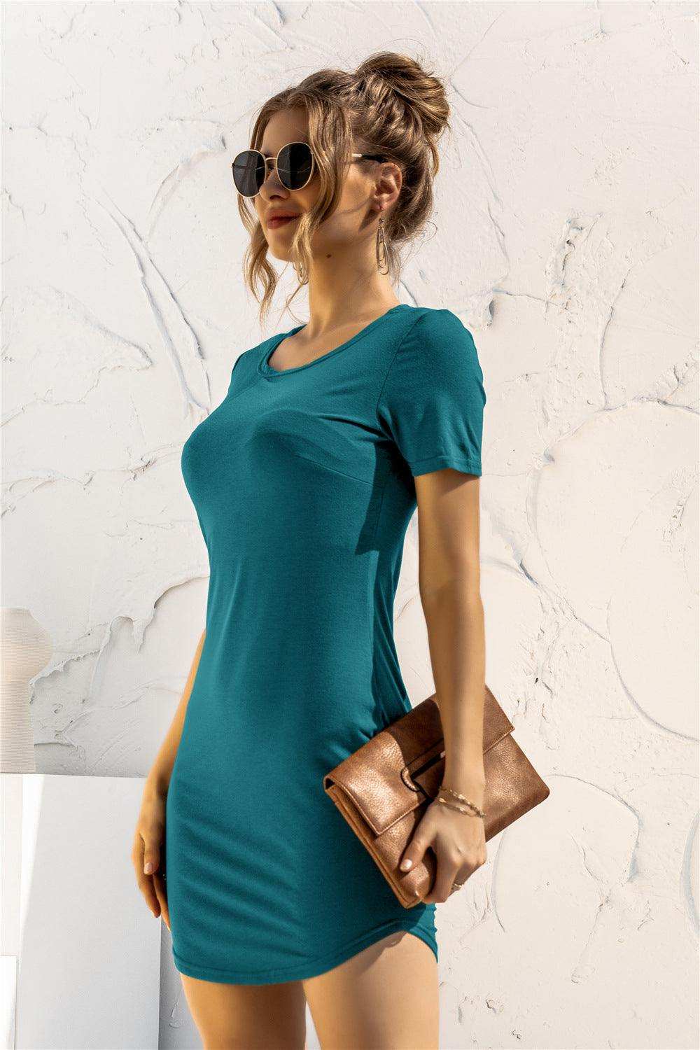 Round Neck Short Sleeve Mini Dress - Trendsi - Flyclothing LLC