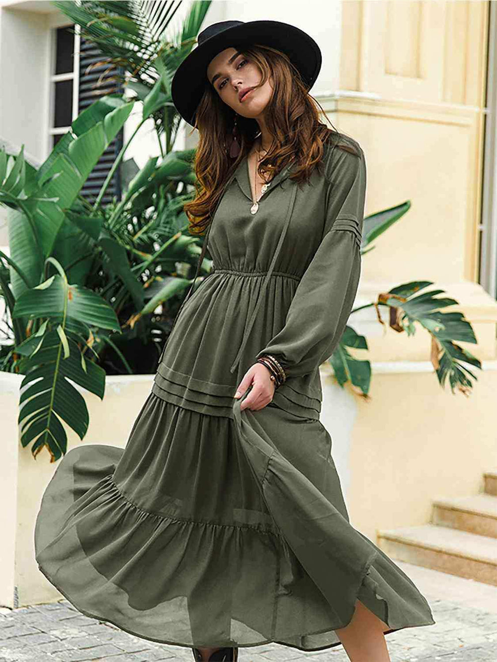 Tie Neck Long Sleeve Midi Tiered Dress - Trendsi - Flyclothing LLC
