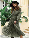 Tie Neck Long Sleeve Midi Tiered Dress - Trendsi - Flyclothing LLC