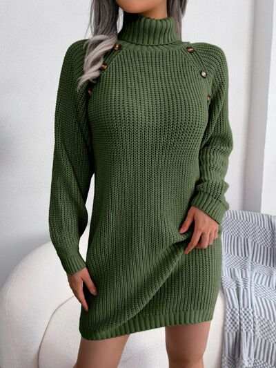 Decorative Button Turtleneck Sweater Dress - Trendsi - Flyclothing LLC
