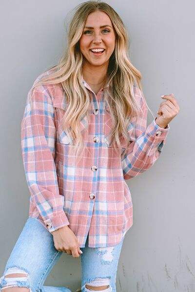 Plaid Pocketed Collared Neck Button Up Jacket - Trendsi - Flyclothing LLC