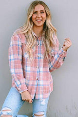 Plaid Pocketed Collared Neck Button Up Jacket - Trendsi - Flyclothing LLC