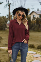 Collared Neck Cable-Knit Long Sleeve Blouse - Trendsi