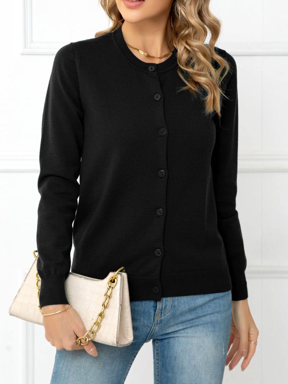 Button Down Round Neck Cardigan - Trendsi