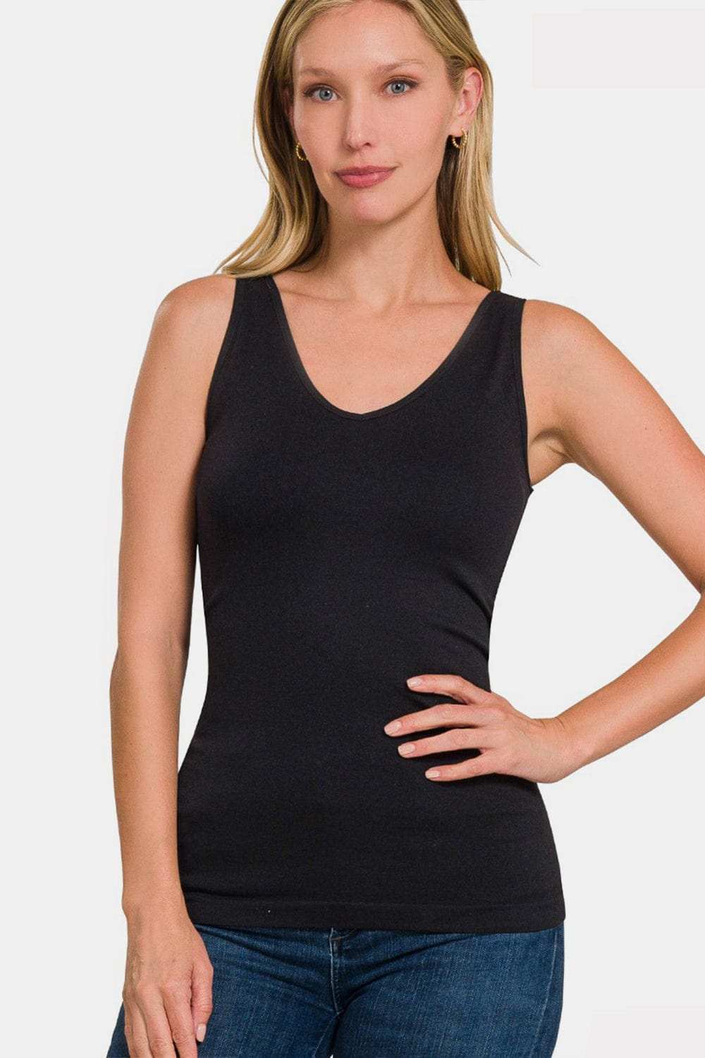 Zenana FRONT & BACK 2-WAY V-NECK / U-NECK SEAMLESS TANK - Trendsi - Flyclothing LLC