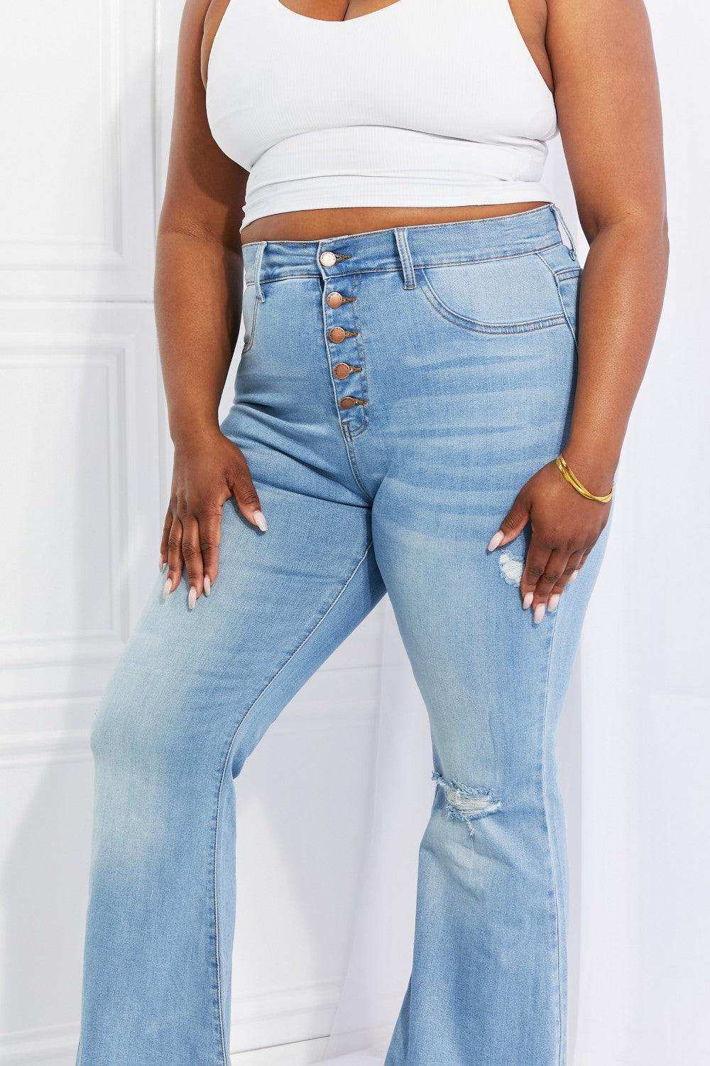 Vibrant MIU Full Size Jess Button Flare Jeans - Trendsi - Flyclothing LLC