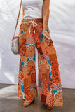 Bohemian Patchwork Drawstring Wide Leg Pants - Trendsi