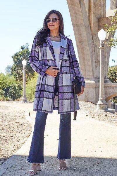 Double Take Full Size Plaid Button Up Lapel Collar Coat - Trendsi - Flyclothing LLC