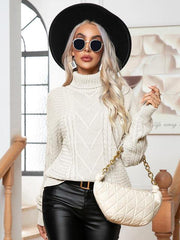 Turtleneck Cable-Knit Long Sleeve Sweater - Trendsi