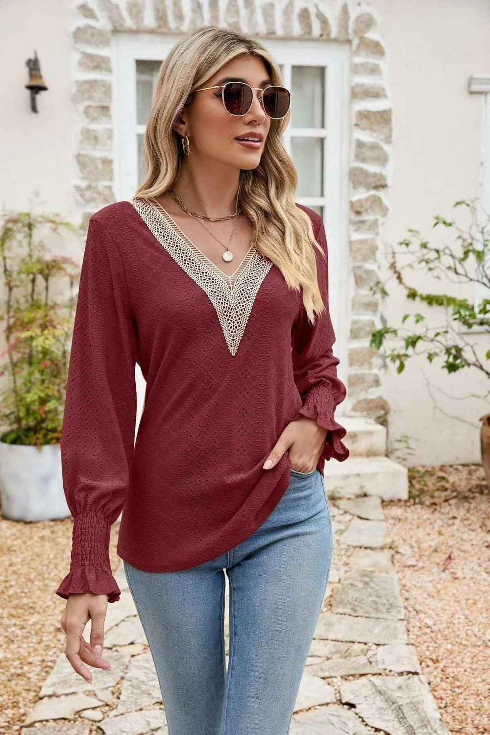 Eyelet V-Neck Smocked Flounce Sleeve Blouse - Trendsi - Flyclothing LLC