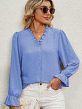 Button Up Flounce Sleeve V-Neck Shirt - Trendsi - Flyclothing LLC