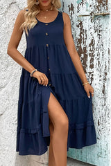 Decorative Button Scoop Neck Tiered Sleeveless Dress - Trendsi - Flyclothing LLC