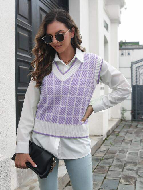 Plaid V-Neck Sweater Vest - Trendsi - Flyclothing LLC