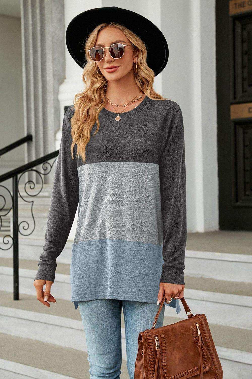 Color Block Round Neck Long Sleeve Slit T-Shirt - Trendsi - Flyclothing LLC