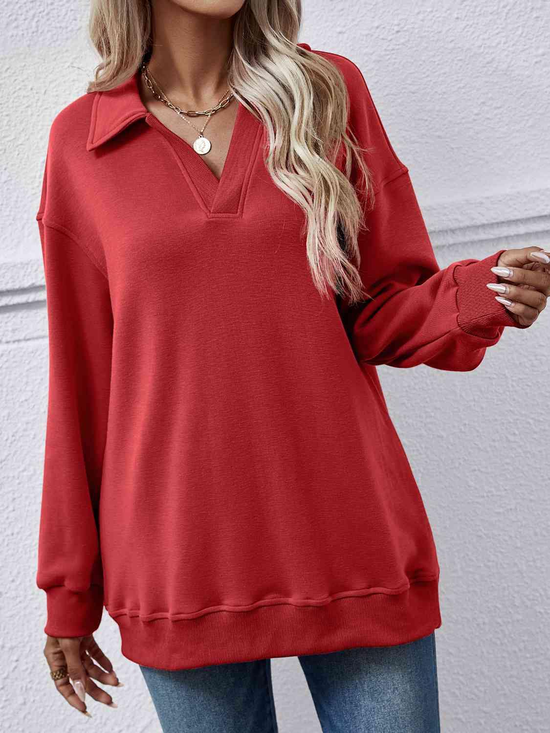 Collared Neck Dropped Shoulder Sweatshirt - Trendsi