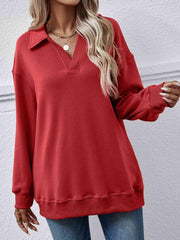 Collared Neck Dropped Shoulder Sweatshirt - Trendsi