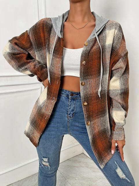 Plaid Drawstring Hooded Jacket - Trendsi