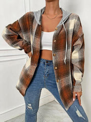 Plaid Drawstring Hooded Jacket - Trendsi