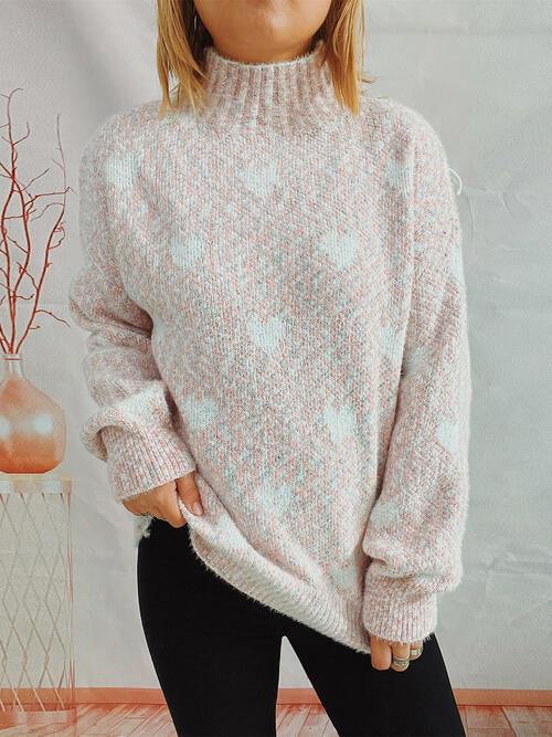 Heart Heathered Turtleneck Drop Shoulder Sweater - Trendsi