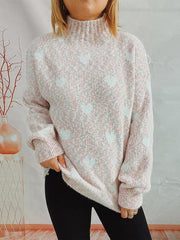 Heart Heathered Turtleneck Drop Shoulder Sweater - Trendsi