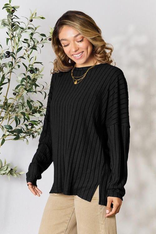 Basic Bae Full Size Ribbed Round Neck Slit T-Shirt - Trendsi