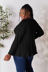 Double Take Half Button Long Sleeve Ruffle Hem Blouse - Trendsi - Flyclothing LLC