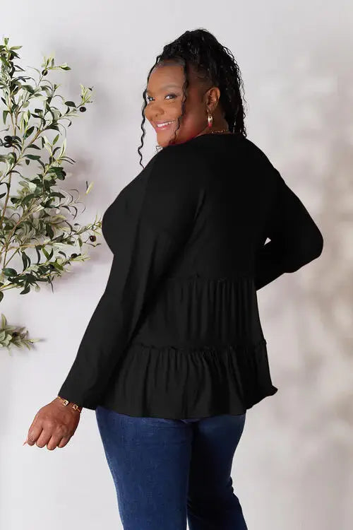 Double Take Half Button Long Sleeve Ruffle Hem Blouse - Trendsi - Flyclothing LLC