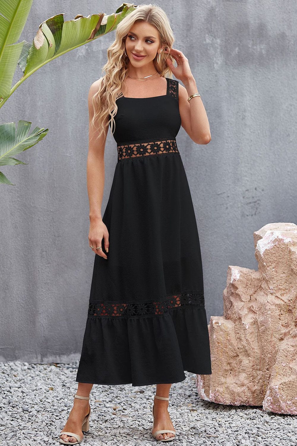 Flower Crochet Wide Strap Midi Dress - Trendsi