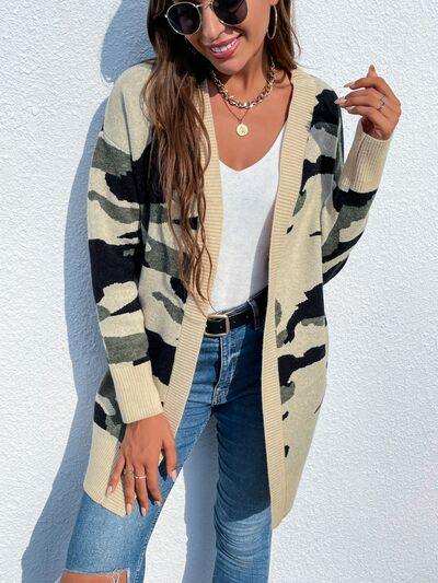 Camouflaged Dropped Shoulder Open Front Cardigan - Trendsi - Flyclothing LLC
