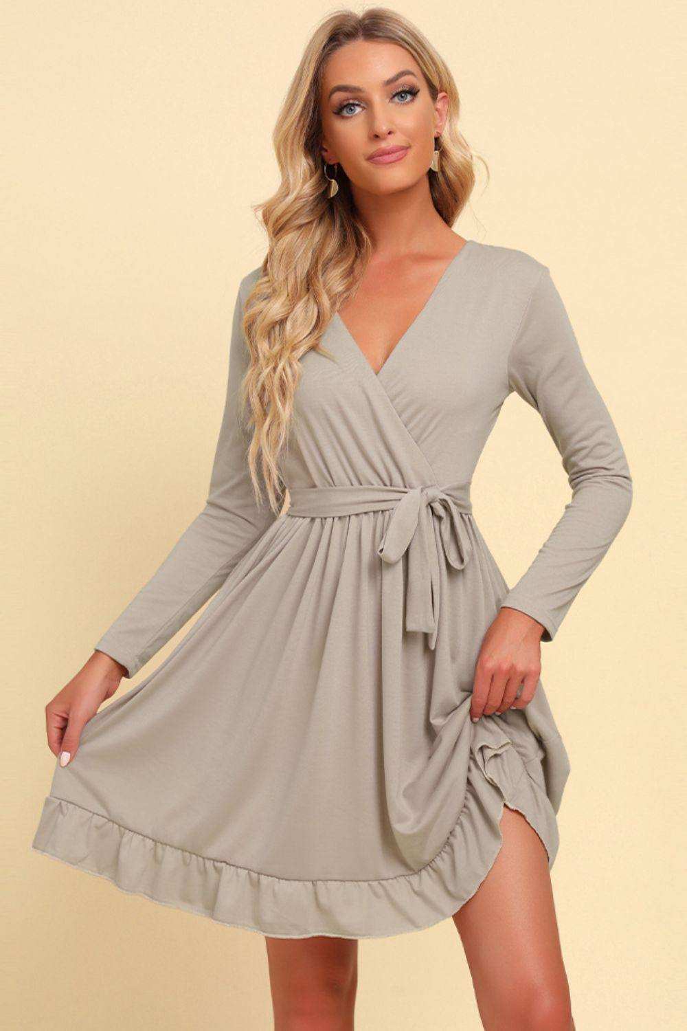 Long Sleeve Tie Waist Ruffle Hem Dress - Trendsi - Flyclothing LLC