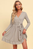 Long Sleeve Tie Waist Ruffle Hem Dress - Trendsi - Flyclothing LLC