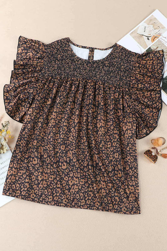 Plus Size Printed Smocked Butterfly Sleeve Blouse - Trendsi - Flyclothing LLC