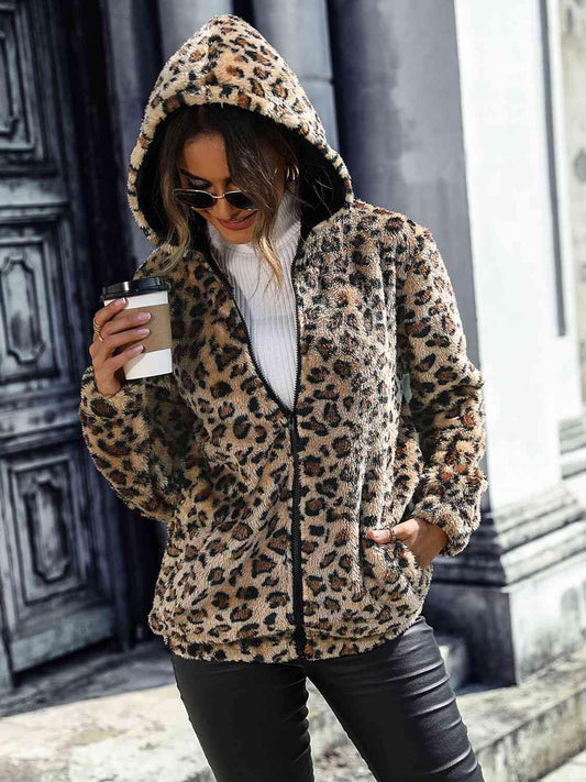 Leopard Zip-Up Hooded Jacket - Trendsi