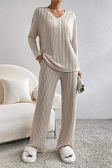 Ribbed V-Neck Top and Pants Set - Trendsi - Flyclothing LLC
