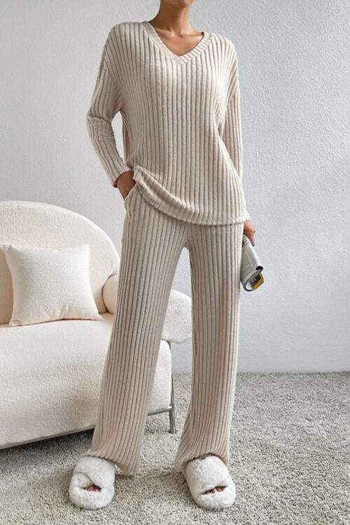 Ribbed V-Neck Top and Pants Set - Trendsi - Flyclothing LLC