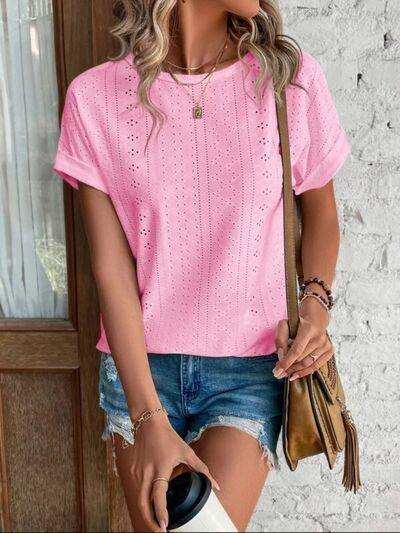 Eyelet Round Neck Short Sleeve T-Shirt - Trendsi - Flyclothing LLC