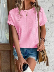 Eyelet Round Neck Short Sleeve T-Shirt - Trendsi
