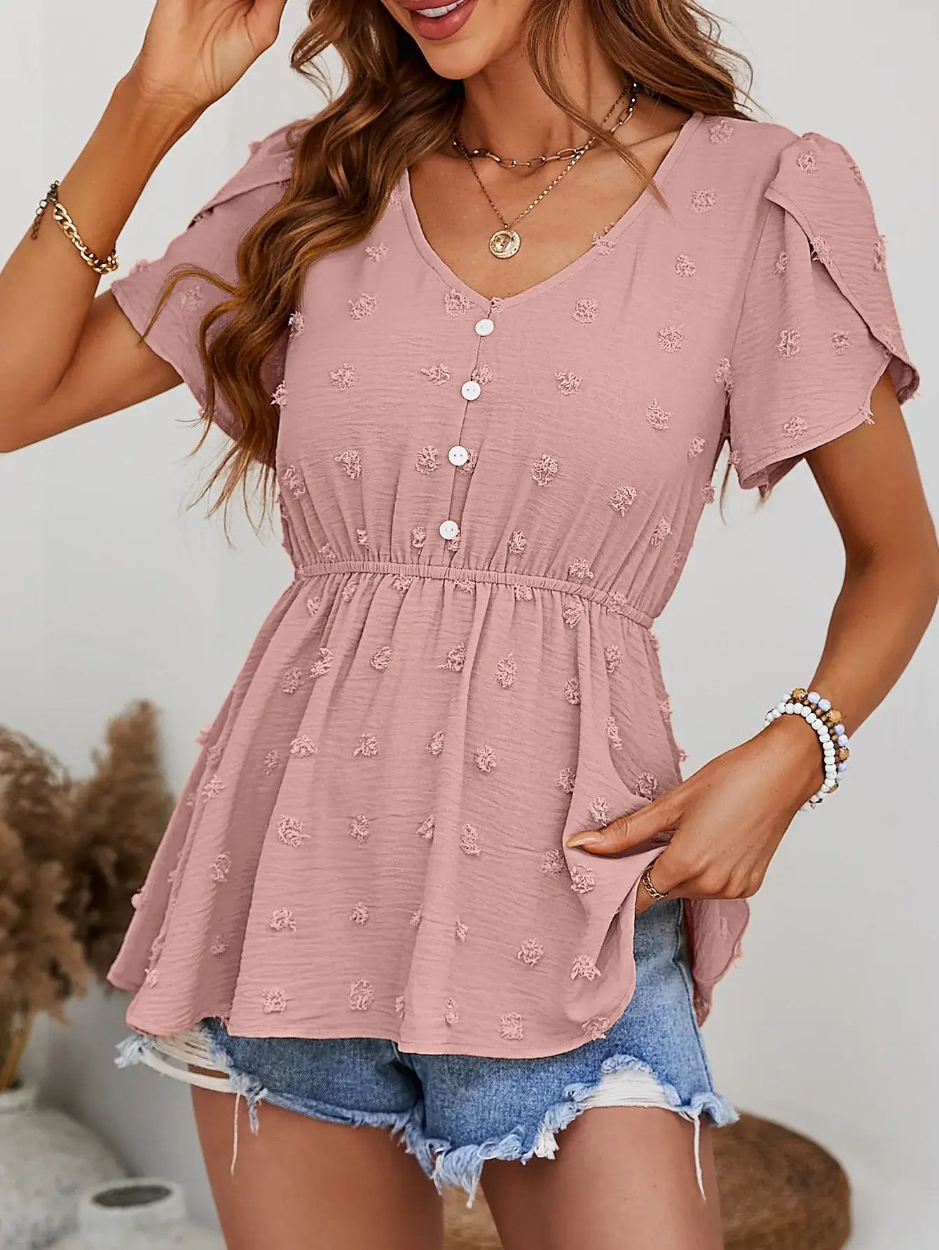 Swiss Dot Buttoned Petal Sleeve Peplum Blouse - Trendsi - Flyclothing LLC