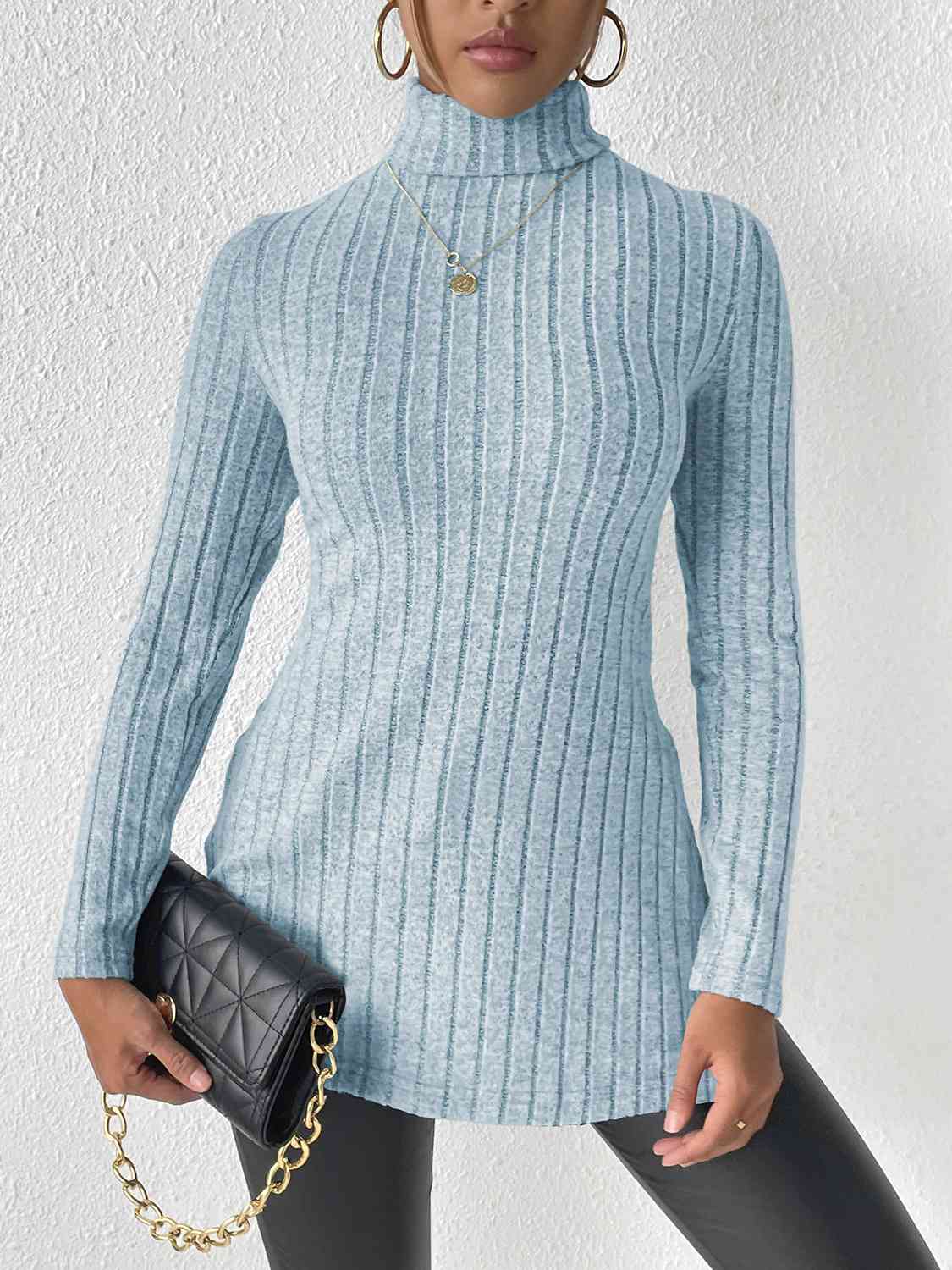 Ribbed Turtleneck Long Sleeve Slit T-Shirt - Trendsi - Flyclothing LLC
