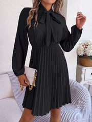 Tie Neck Balloon Sleeve Pleated Dress - Trendsi