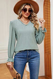 Eyelet V-Neck Flounce Sleeve T-Shirt - Trendsi - Flyclothing LLC